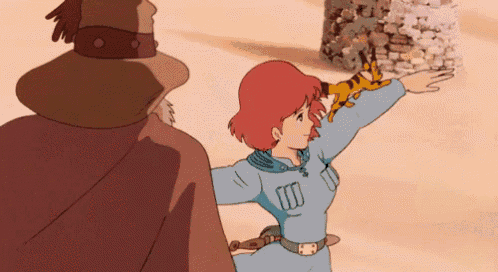 a cartoon girl is holding a cat in her hand while standing next to a man in a brown hat .