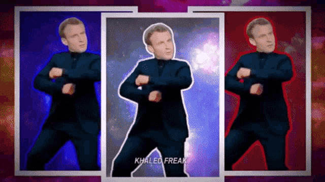 three pictures of a man in a suit dancing with the words khaled freak at the bottom