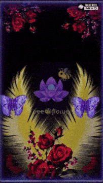 a bee is flying over a purple flower with red roses