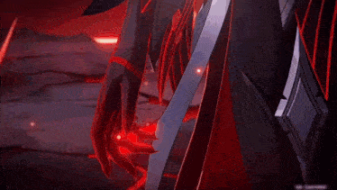 a girl with blue hair and red eyes is holding a red sword in her hand .