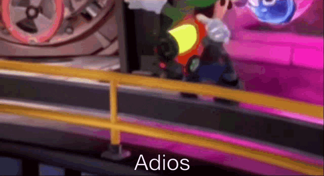 a cartoon character is riding a roller coaster with the word adios written on the bottom of the screen .