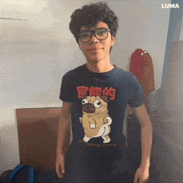 a man wearing a t-shirt with a pug on it