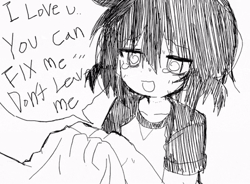 a black and white drawing of a girl with the words `` i love u '' written on it