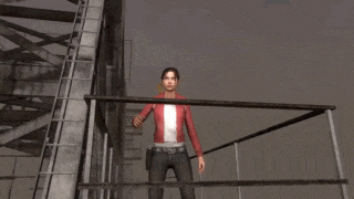 a woman in a red jacket is standing on a balcony with her arms outstretched