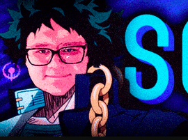 a man with glasses and a chain around his neck is standing in front of a large s
