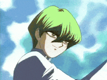 a cartoon character with green hair is smiling and looking at the camera