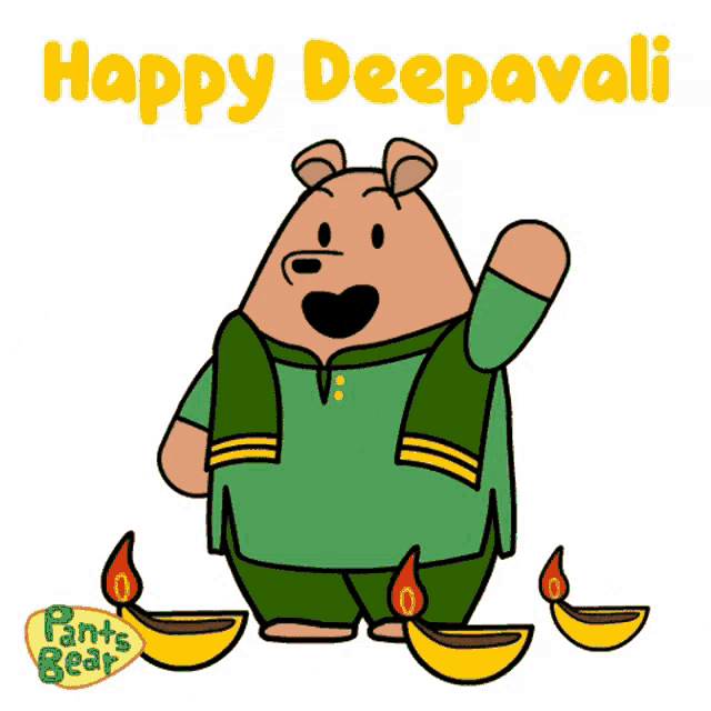 a cartoon of a bear waving with the words happy deepavali behind him