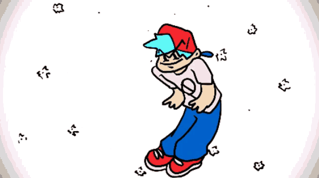 a cartoon of a boy in a red hat holding his leg up .