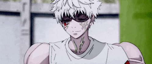 a man with white hair and red eyes is wearing a white shirt and sunglasses .