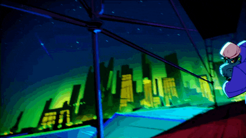 a cartoon drawing of a city at night