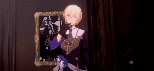 a man with a cross around his neck is standing in front of a picture frame