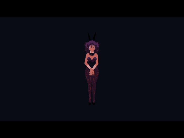 a girl with purple hair and bunny ears is dancing in a dark room