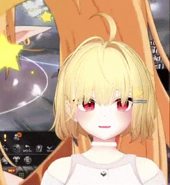 a girl with blonde hair and red eyes is standing in front of a screen