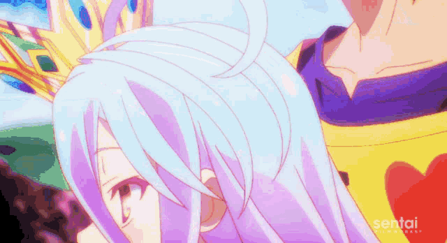 a cartoon of a girl with white hair and the word sentai on the bottom left