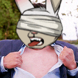 a man with a blindfolded bunny face on his face