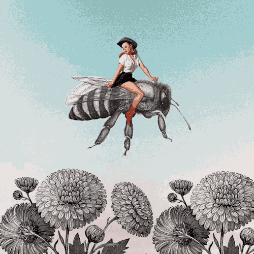 a woman in a cowboy hat sits on a bee