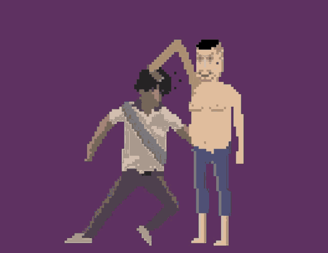 a pixel art of a man holding another man 's hand