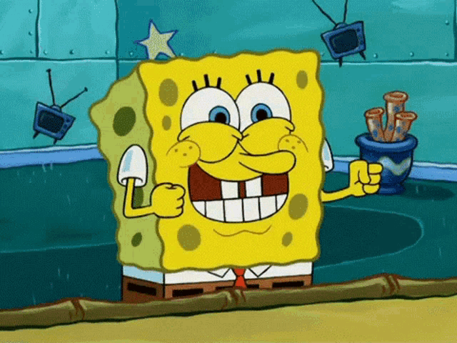 a cartoon of spongebob giving a thumbs up in a room