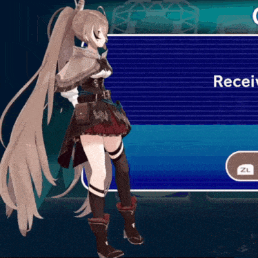 a girl in a ponytail is standing in front of a blue screen that says receive