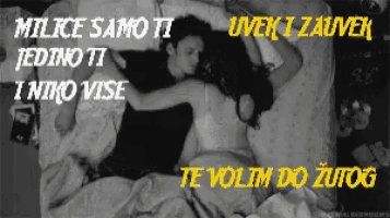 a black and white photo of a man and woman laying on a bed with the words milce samo ti jedino ti i niko vise