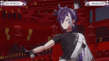 a purple haired anime character with the words the world and hakka3d