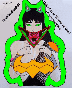a drawing of dalla diana wayne al ghul with a green background