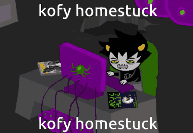 a cartoon character is sitting in front of a computer and the words kofy homestuck are on the bottom