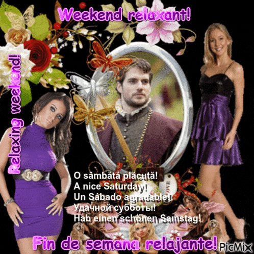 a woman in a purple dress is standing next to a man in a picture frame