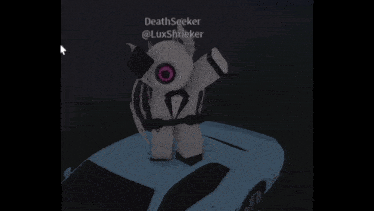 a white robot with horns and a purple eye is standing on top of a blue car with deathseeker written on the bottom