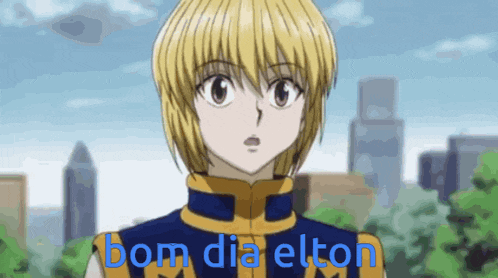 a cartoon character with the words bom dia elton written in blue