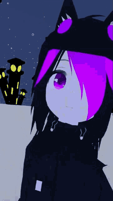 a girl with purple hair and a black cat hat