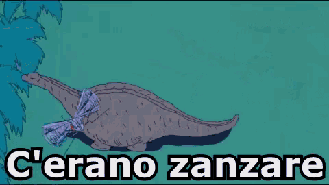 a cartoon of a dinosaur in a field with the words c'erano zanzare below it