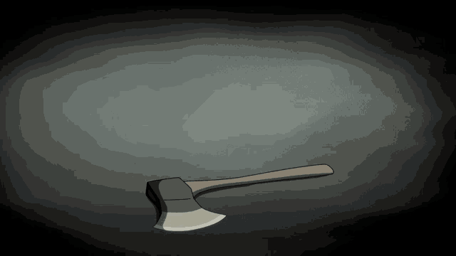an axe with a wooden handle is on a dark surface