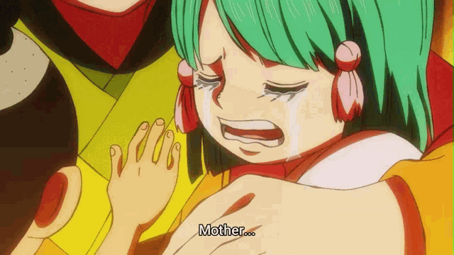 a little girl with green hair is crying and the word mother is on the bottom right