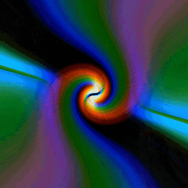 a rainbow colored swirl with a black center on a black background