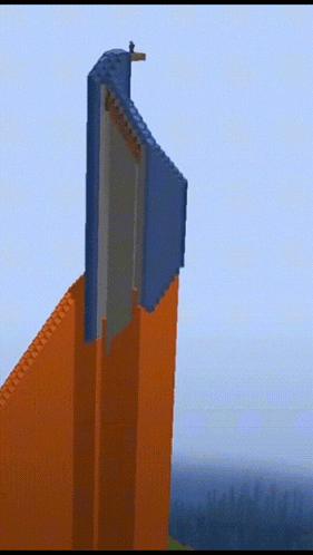 a computer generated image of a very tall building with a blue roof