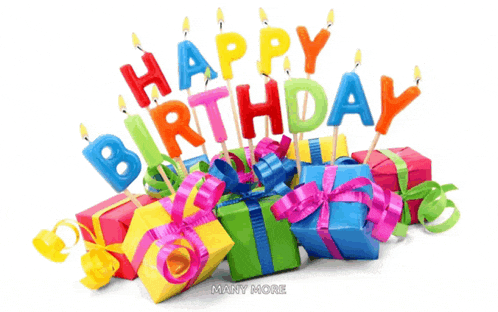 a bunch of colorful birthday presents and candles that say happy birthday
