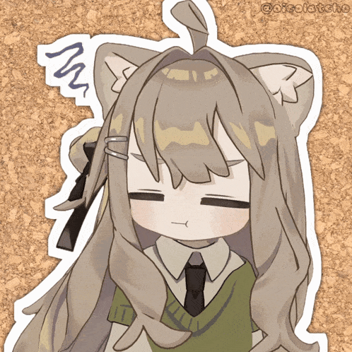 a drawing of a girl with long hair and a cat ear has a sticker that says @otoiataho