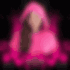 a woman in a pink dress is surrounded by a pink glow .