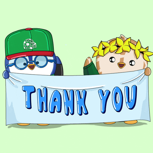 two penguins holding a thank you sign in front of them