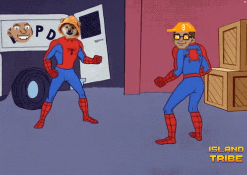 a cartoon of a man in a spiderman costume pointing