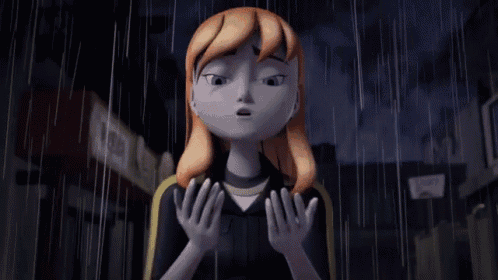 a cartoon girl covering her face in the rain