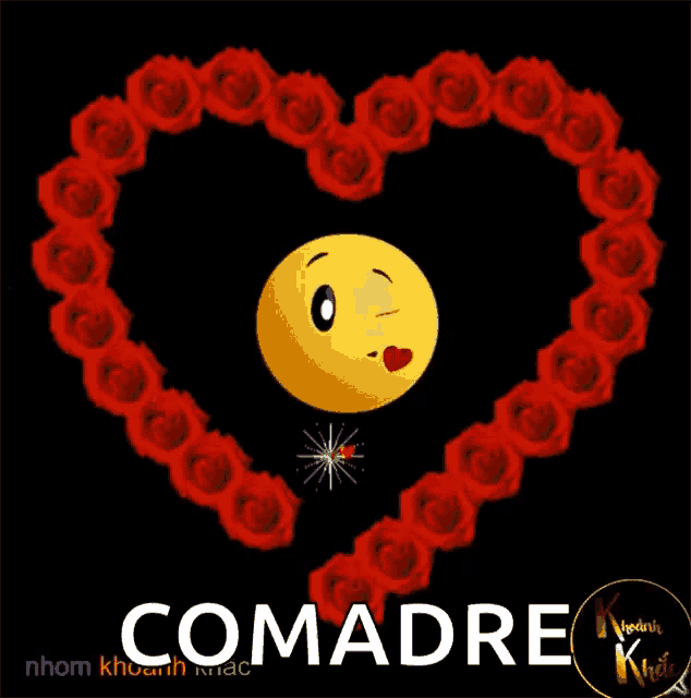 a heart made of red roses with a yellow smiley face in the center