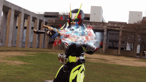 a person in a superhero costume is standing in a field holding a sword