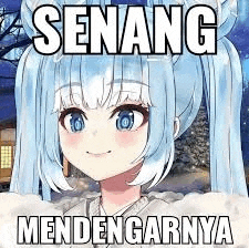 a picture of a anime girl with blue hair and a caption that says senang mendengernya .