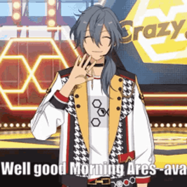 a cartoon character says well good morning ares-ava while standing on a stage .