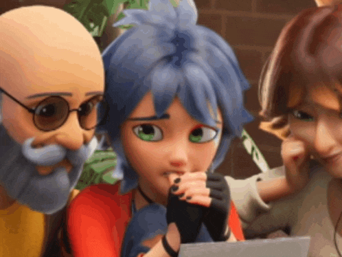 a group of cartoon characters are looking at a laptop