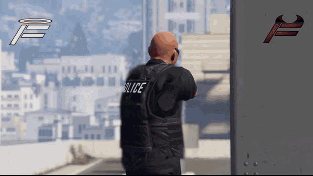 a bald man wearing a police vest stands in front of a building