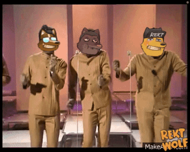 a group of cartoon characters are dancing on a stage with rekt written on the bottom right