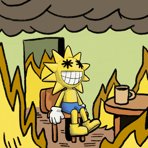 a cartoon of the sun sitting in a chair with a cup of coffee